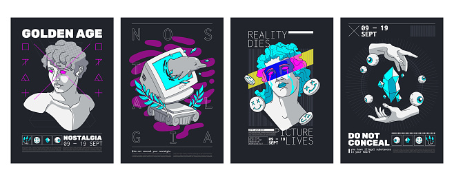 Abstract exhibition posters with trippy design in y2k style, psychedelic art with sculptures, dolphin, computer, eyeballs and crystal. Gallery invitation flyers, vector illustration