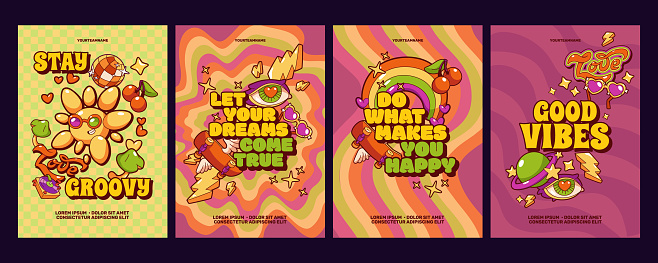 Retro groovy vibe posters with motivation phrases. Vector illustration of sun character smiling, colorful rainbow, eye, planet, cherry and lightning icons on hippie style background with wavy ornament