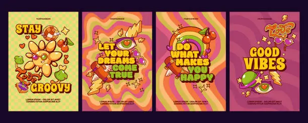 Vector illustration of Retro groovy vibe posters with motivation phrases