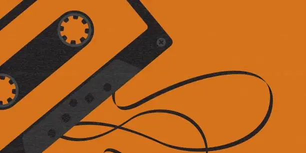 Vector illustration of Cassette with tape out black and orange colors illustration have blank space.