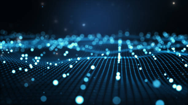 istock Futuristic flight through a digital line landscape, Blue dust particle ,abstract background. 3D Rendering. 1474587709