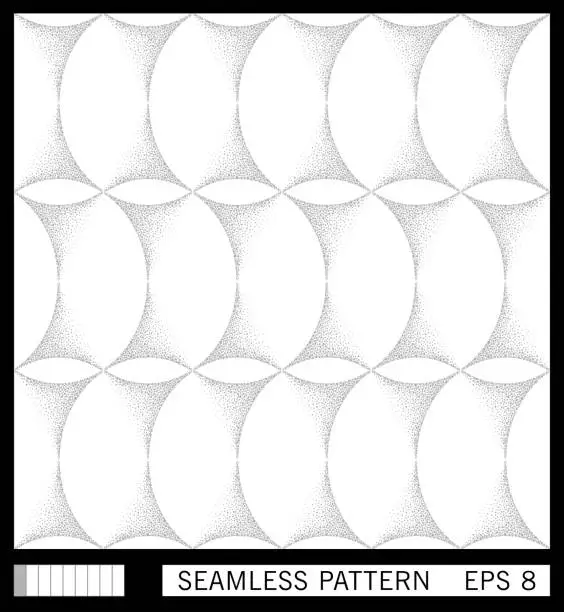 Vector illustration of Seamless pattern. Shaded intersecting rings. Stipple halftone dotted texture. Retrofuturistic vector template