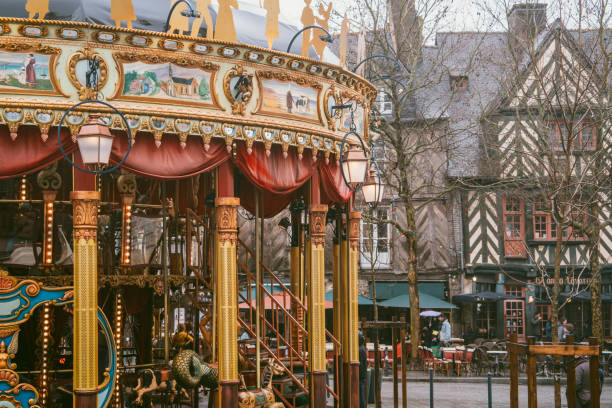 March 11th 2023,Rennes, France: Locals enjoying the merry-go-round in front of city hall in Rennes, Brittany,France. Rennes is the capital of Brittany with rich history and cultures.