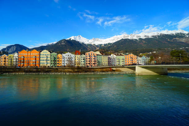 istock Beautiful colorful town with snowy mountains 1474591613