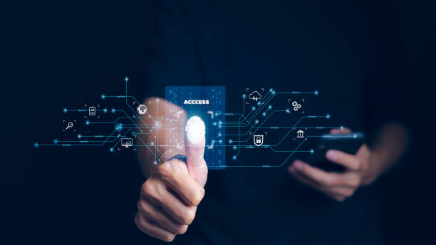 istock Businessman fingerprint scanning and biometric authentication, cybersecurity and fingerprint password, future technology and cybernetics, access security fingerprint scanning, 1474595778