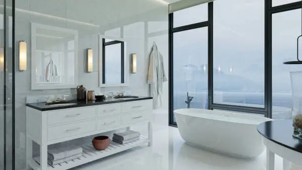 Interior of a contemporary luxury white bathroom with washstand and bathtub.