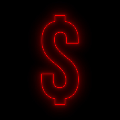 Neon Red Dollar Sign on Black Background. US dollar currency symbol