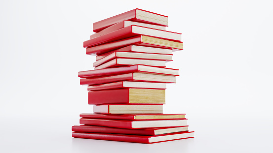 3d render of stack of red books isolated on white on background, School books