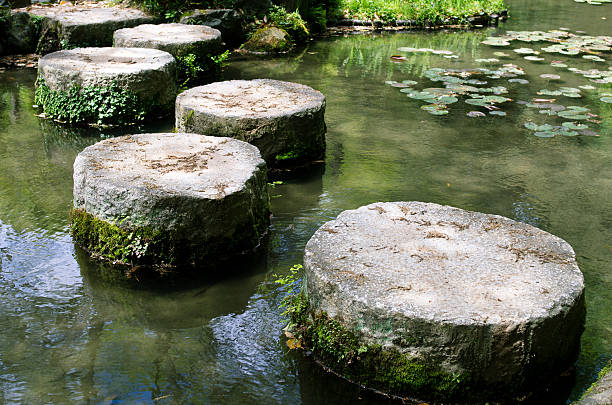 stepping stones 있는 일본식 선 스타일의 호텔 정원 - stepping stone stone stepping footpath 뉴스 사진 이미지