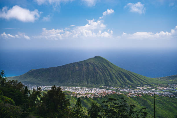 istock View over tree tops to village, mountain and ocean 1474602702