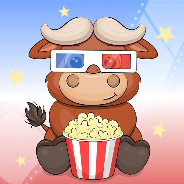 Vector illustration of Cute cartoon buffalo in 3d cinema glasses and popcorn.