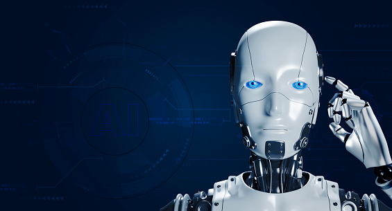 3d rendering of humanoid robot cyborg think or compute on blue cyber background with copy space, hand pointing on head. AI machine learning, artificial intelligence futuristic technology concept.