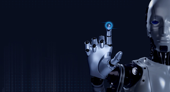 3d rendering smart robot touching finger with glowing on virtual digital button on empty screen on dark blue background with copy space. Ai deep learning, artificial intelligence technology concept.