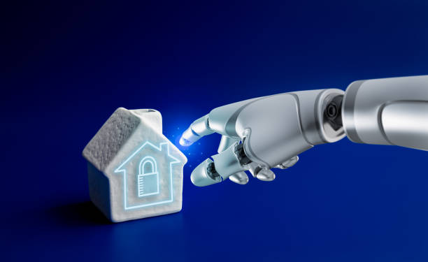 istock 3d rendering humanoid robot hand touch on digital padlock button on white house model on blue background. AI, artificial intelligence, home security application service, lifestyle technology concept. 1474603857