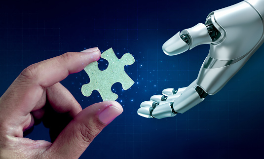 3d rendering robot hand receiving jigsaw puzzle piece, giving from human on blue cyber network background. Digital transformation, AI, artificial intelligence technology, machine learning concept.