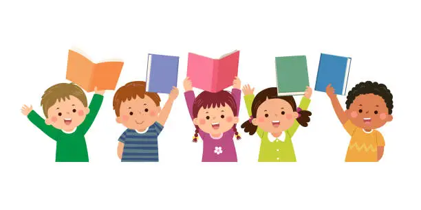 Vector illustration of Vector cartoon children showing books over their heads