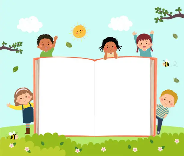 Vector illustration of Vector cartoon kids with open book background on the park