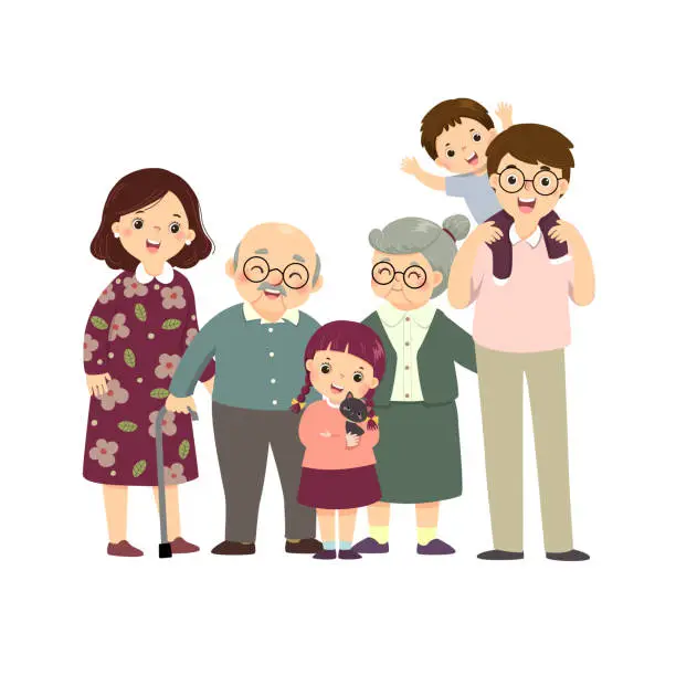 Vector illustration of Vector illustration cartoon of a happy family. Mother, father, grandparents, and children with a cat. Vector people.