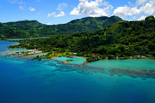Weno / Moen island, Chuuk / Truk State, Federated States of Micronesia (FSM): reef, coast and mountains. The island is located in Chuuk Atoll, Chuuk lagoon. Weno is home to the state's only airport, Chuuk Airport. The city has the Chuuk State Hospital and a small private clinic. Scattered throughout the city are several shops, a few restaurants, hotels, as well as tour, dive site and rental car providers.