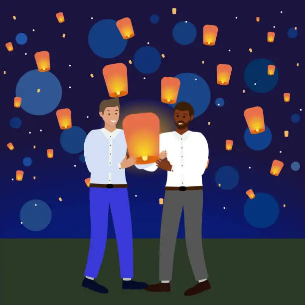 Vector illustration of Black and white man launch a paper lantern together. LGBT couple