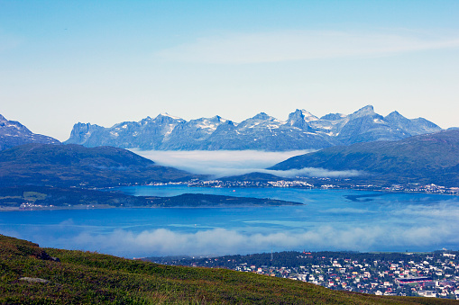 Arctic norwegian city Tromso from mountain, Norway.