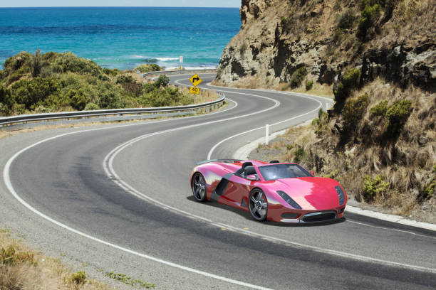 A red sports car navigating the winding curves of the Great Ocean Road in Victoria, Australia. This car is designed and modelled by myself. Very high resolution 3D render composite. All markings are fictitious.