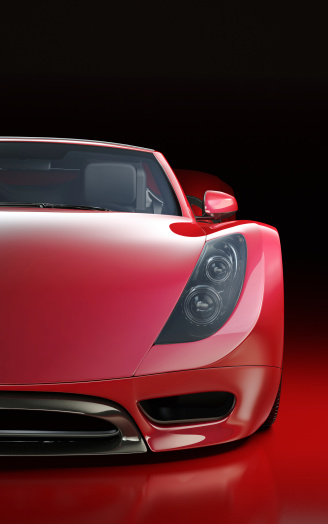 Close view of a sleek red sports car against a dark red background. This car is designed and modelled by myself. Very high resolution 3D render. All markings are fictitious.