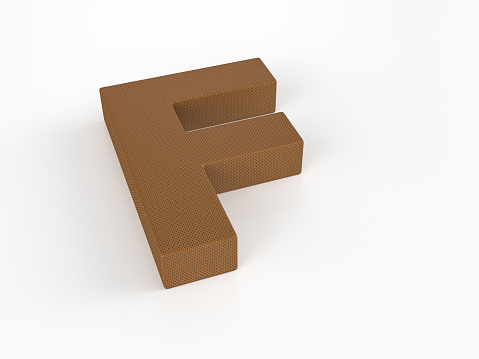 Perforated leather letter F on white background. 3d illustration.