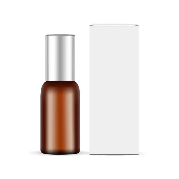 Vector illustration of Amber Cosmetic Bottle With Metal Cap for Skin Care Liquid, Pack Box Front View