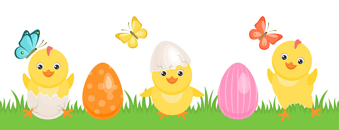 istock Easter seamless banner with chickens and eggs on green grass. Cracked chicken eggs with cute newborn baby. Funny little yellow bird in different poses. Vector simple flat illustration. 1474613797