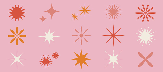 Set abstract shapes in orange, pink colors. Geometric minimalistic bauhaus forms. Modern star, flower shape graphic icons. Background elements for prints and social media posts. Flat hippie aesthetic