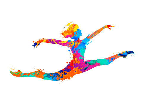 Rhythmic gymnastics girl jumping in a twine. Vector dancer silhouette of splash paint