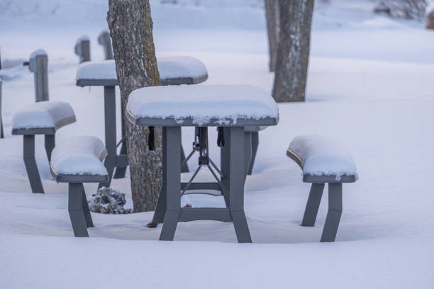 park benches with park tables covered in snow