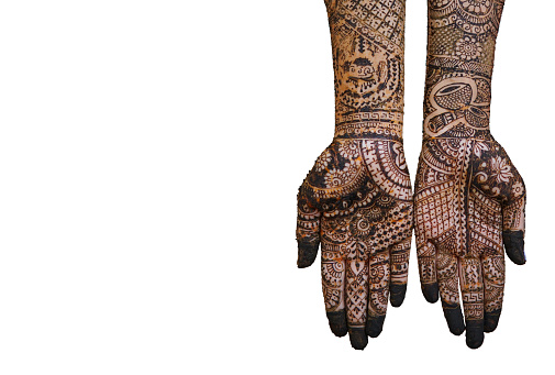 Hands painted with mehndi tattoo. Beautiful female hands with henna tattoo on White background. Space for text, Advertisement. Hand of Indian bride. Ornament Happy moment pattern art.