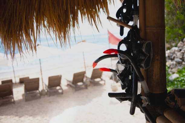 Diving masks for renting on the beach Pile of diving masks hanging on an empty beach. Masks are available for rent during summer. Empty beach chairs are lined up on a sandy beach under open umbrellas vacation rental mask stock pictures, royalty-free photos & images