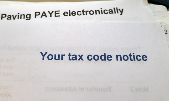 Close up of a tax code notice for personal tax allowance in the United Kingdom.