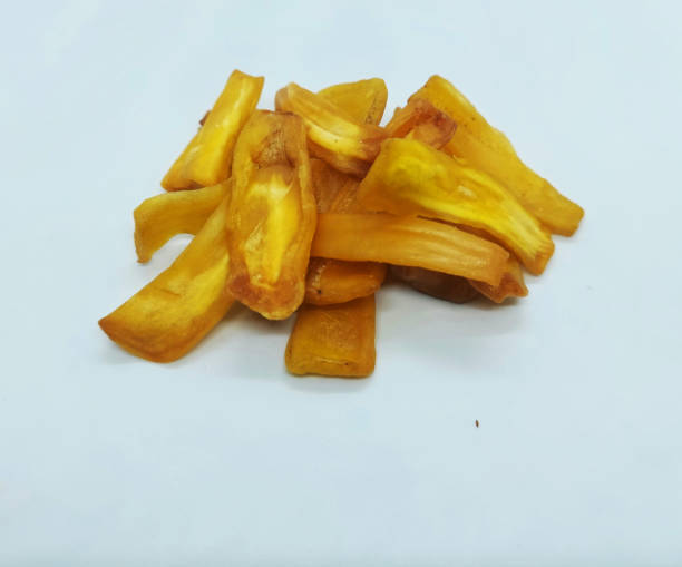 closeup view of fried jackfruit chips , redy to eat jackfruit chips in white background