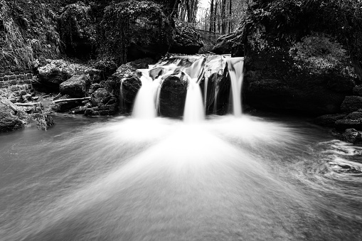 Pose longue avec des petits barrages de pierres sur l'eau sous les branches des arbres