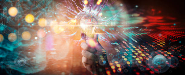 istock Creative, Ai,new ideas and innovation, Hand holding light bulb and smart brain inside and innovation icon network connection on dark blue city background, innovative technology in science and industrial 1474626772