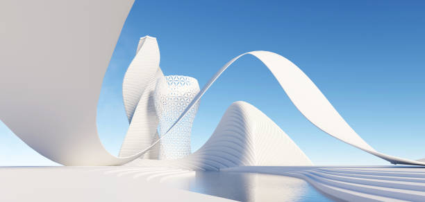 istock 3d render surreal white minimal architecture background with geometric shapes, abstract fantastic design , landmark futuristic panoramic, futuristic scene with copy space, blue sky and cloudy. 1474626908