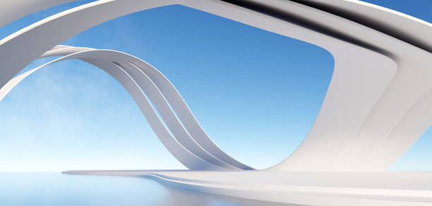 istock 3d render surreal white minimal architecture background with geometric shapes, abstract fantastic design , landmark futuristic panoramic, futuristic scene with copy space, blue sky and cloudy. 1474626916