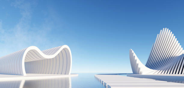 istock 3d render surreal white minimal architecture background with geometric shapes, abstract fantastic design , landmark futuristic panoramic, futuristic scene with copy space, blue sky and cloudy. 1474626921