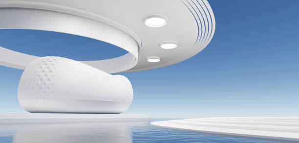 istock 3d render surreal white minimal architecture background with geometric shapes, abstract fantastic design , landmark futuristic panoramic, futuristic scene with copy space, blue sky and cloudy. 1474626963