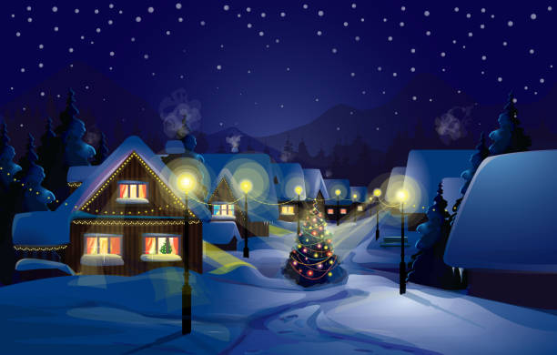 ilustrações de stock, clip art, desenhos animados e ícones de vetor de inverno landscape.merry natal! - christmas village urban scene winter