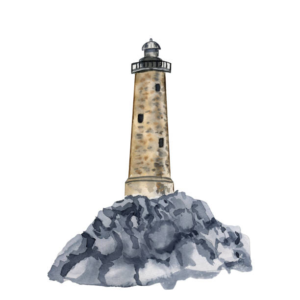 istock Old lighthouse on the rock watercolor illustration. Hand drawn realistic image of a retro building on the seashore 1474630223