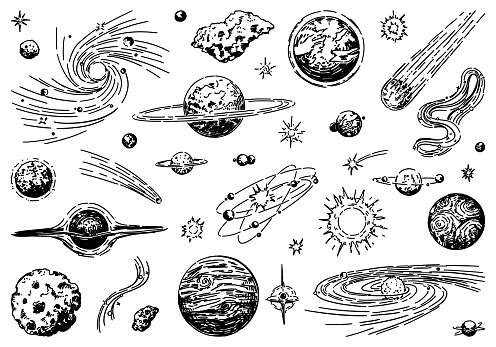 Cosmic space doodles set. Outline drawings of planets, stars, comets, asteroids, galaxies. Astronomy science sketches. Hand drawn vector illustration isolated on white..
