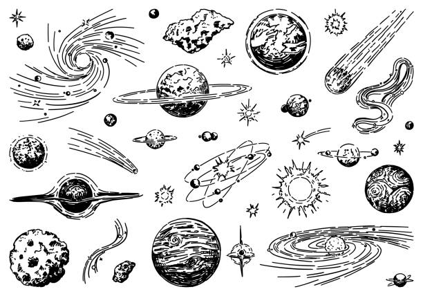 Cosmic space doodles set. Outline drawings of planets, stars, comets, asteroids, galaxies. Astronomy science sketches. Hand drawn vector illustration isolated on white. Cosmic space doodles set. Outline drawings of planets, stars, comets, asteroids, galaxies. Astronomy science sketches. Hand drawn vector illustration isolated on white.. lunar meteorite stock illustrations