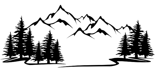 Black silhouette of mountains and fir trees landscape panorama illustration icon vector for logo, isolated on white background