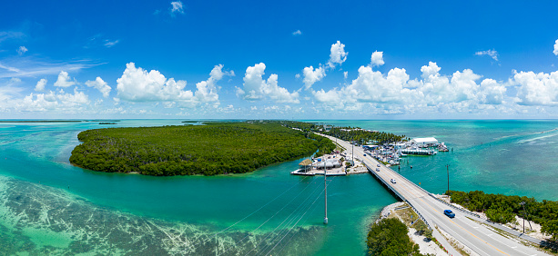 Aerial view of the island Upper Matecumbe Key and the Overseas Highway at the Florida Keys