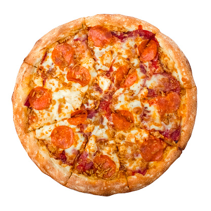 Hot pepperoni pizza with pieces of ham and cheese on a transparent background. isolated object. Element for design